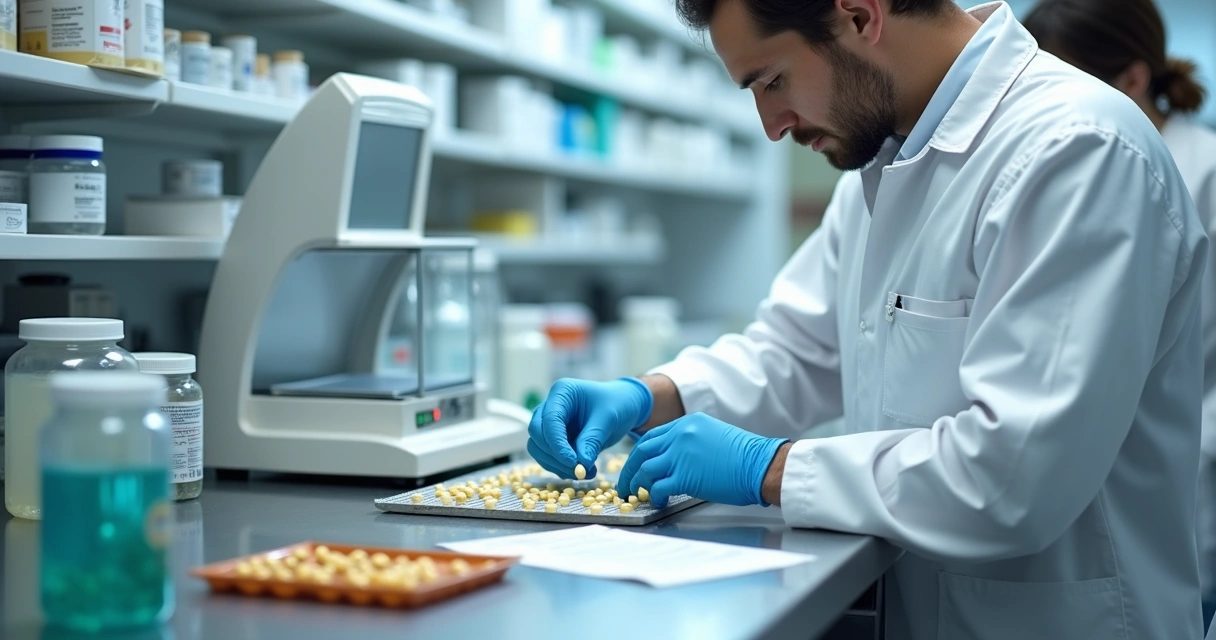 Farmacêutico preparando cápsulas em bancada de laboratório