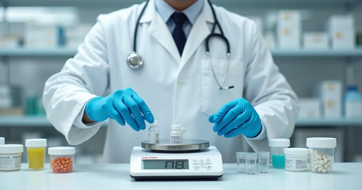 Farmacêutico preparando fórmula personalizada em bancada 