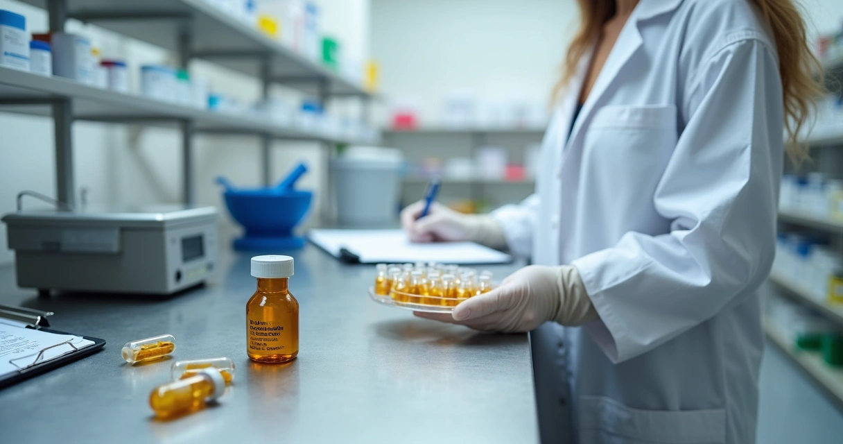 Farmacêutico analisando cápsulas de hormônios em laboratório de manipulação 