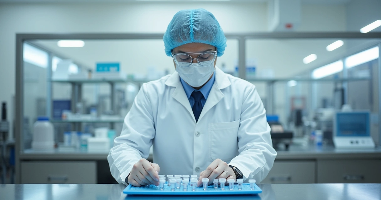 Farmacêutico em laboratório estéril oftálmico 
