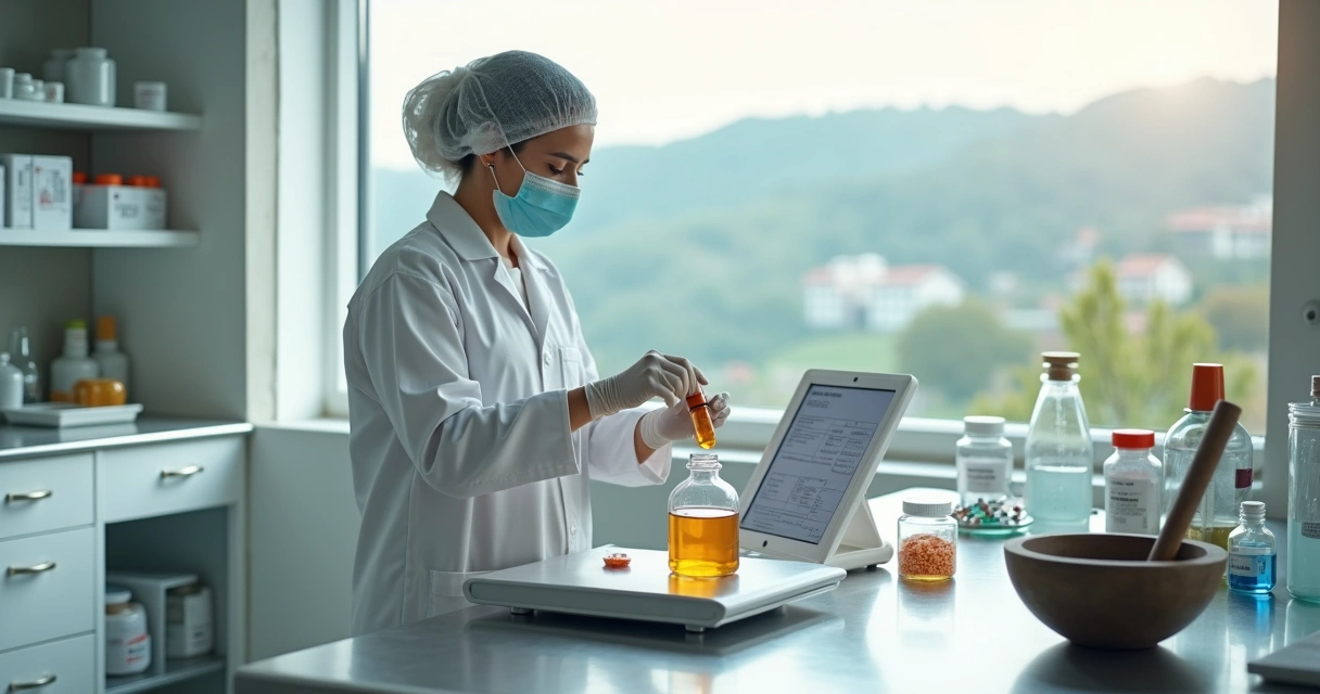 Farmacêutico manipula medicamento em laboratório moderno com vista para cidade termal 