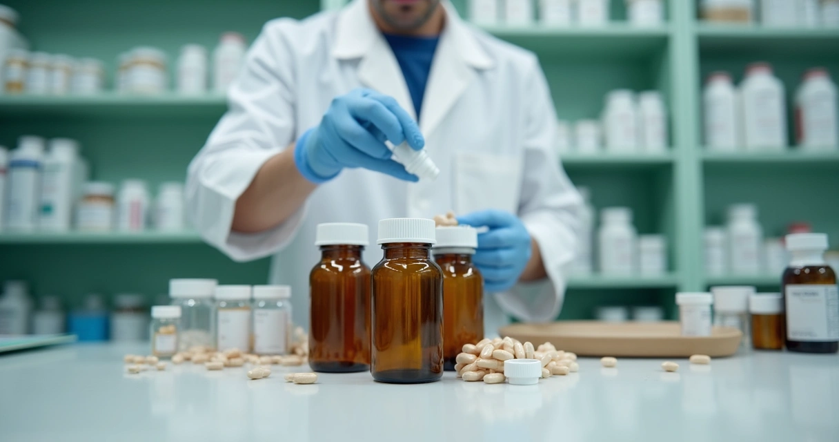 Farmacêutico organizando frascos e cápsulas manipuladas 