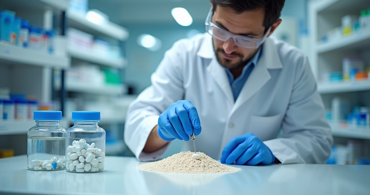 Farmacêutico em laboratório de manipulação preparando fórmula para sono 