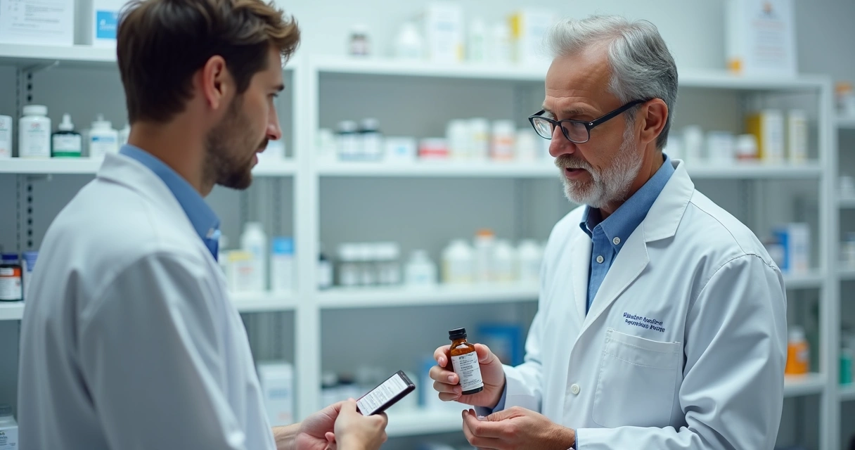 Farmacêutico explicando medicamento manipulado para paciente adulto
