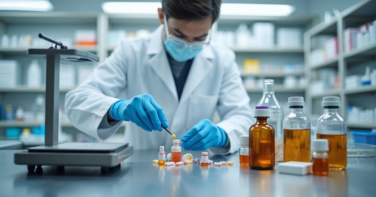 Farmacêutico manipulando vitaminas em laboratório limpo 