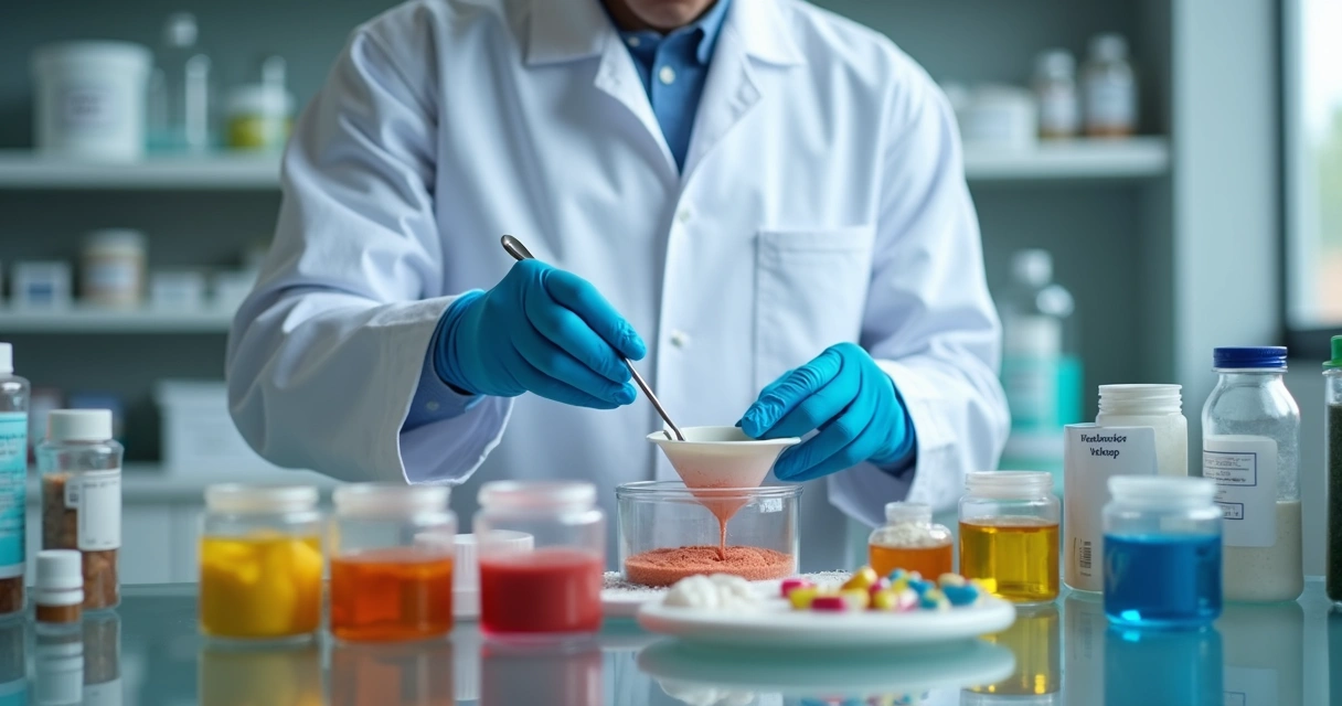 Farmacêutico manipulando vitaminas em laboratório 