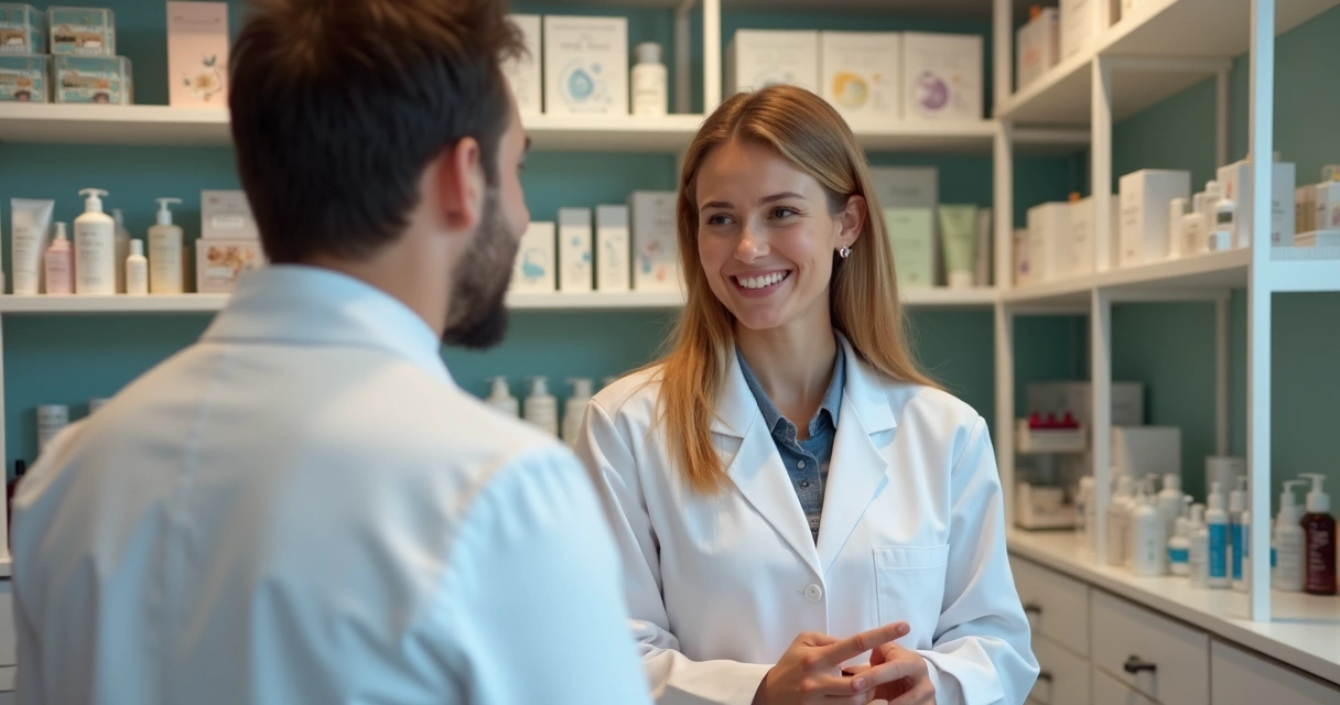 Farmacêutico explicando dermocosméticos para cliente