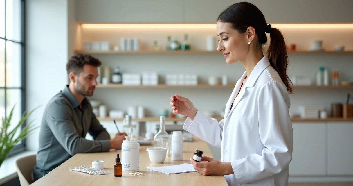 Farmacêutica mostrando fórmula manipulada personalizada para paciente no balcão 