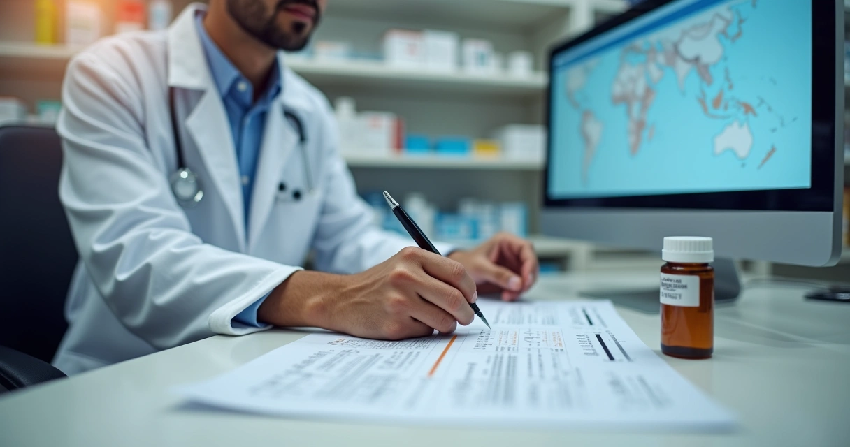 Farmacêutico com jaleco preenchendo ficha de controle 