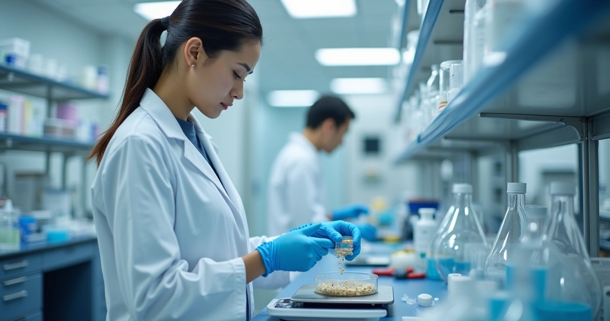 Farmacêutico manipulando fórmula em laboratório 