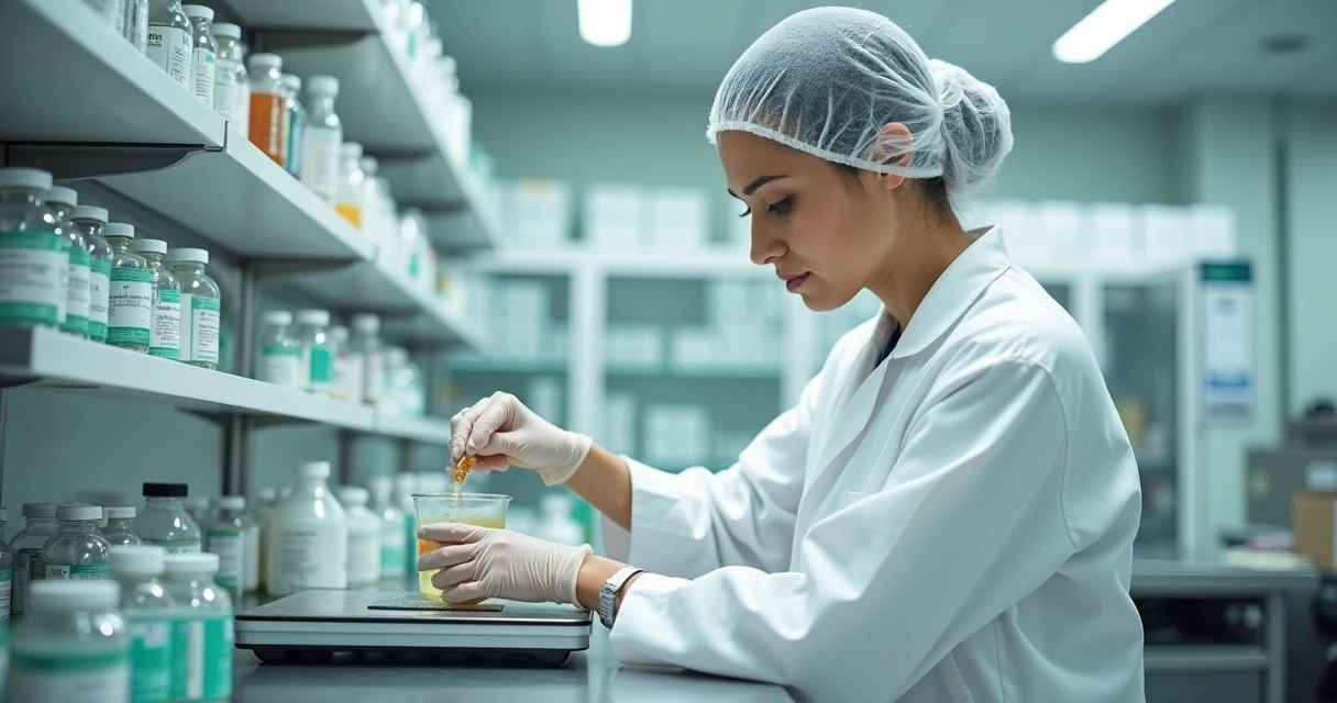 Farmacêutico preparando fórmula manipulada em laboratório 