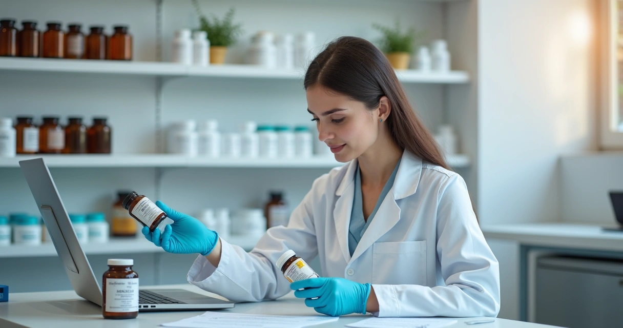 Farmacêutico conferindo rótulo de probiótico manipulado