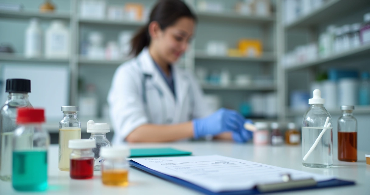 Farmacêutico preparando medicação veterinária em laboratório