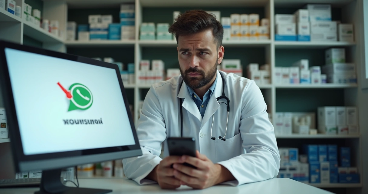 Farmacêutico preocupado olhando para um computador com WhatsApp bloqueado 