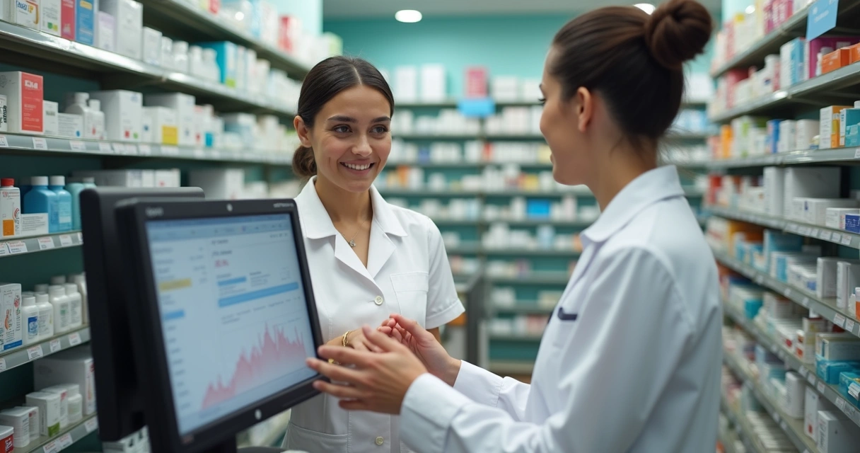 Farmacêutico orientando cliente no balcão de farmácia. 