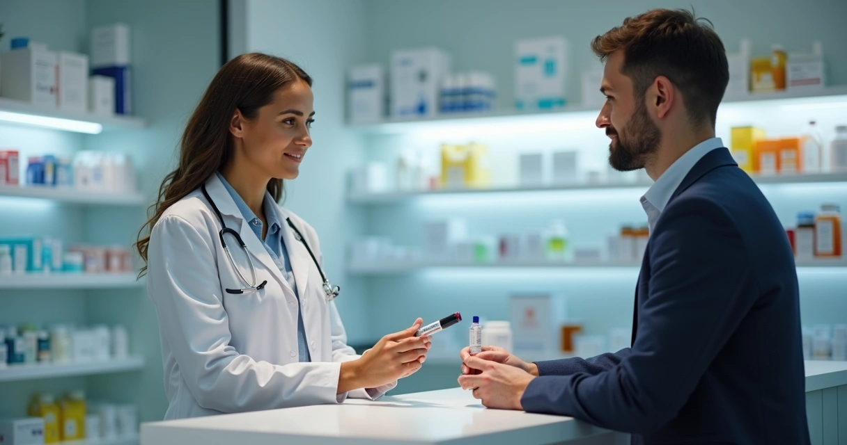 Atendente de farmácia orienta cliente sobre medicamento controlado no balcão. 