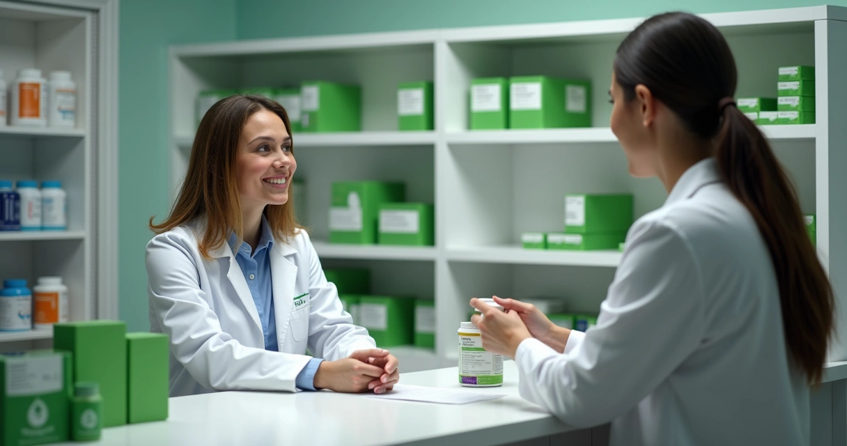Pessoa em farmácia autorizada com produto à base de Cannabis e prateleiras com embalagens verdes. 