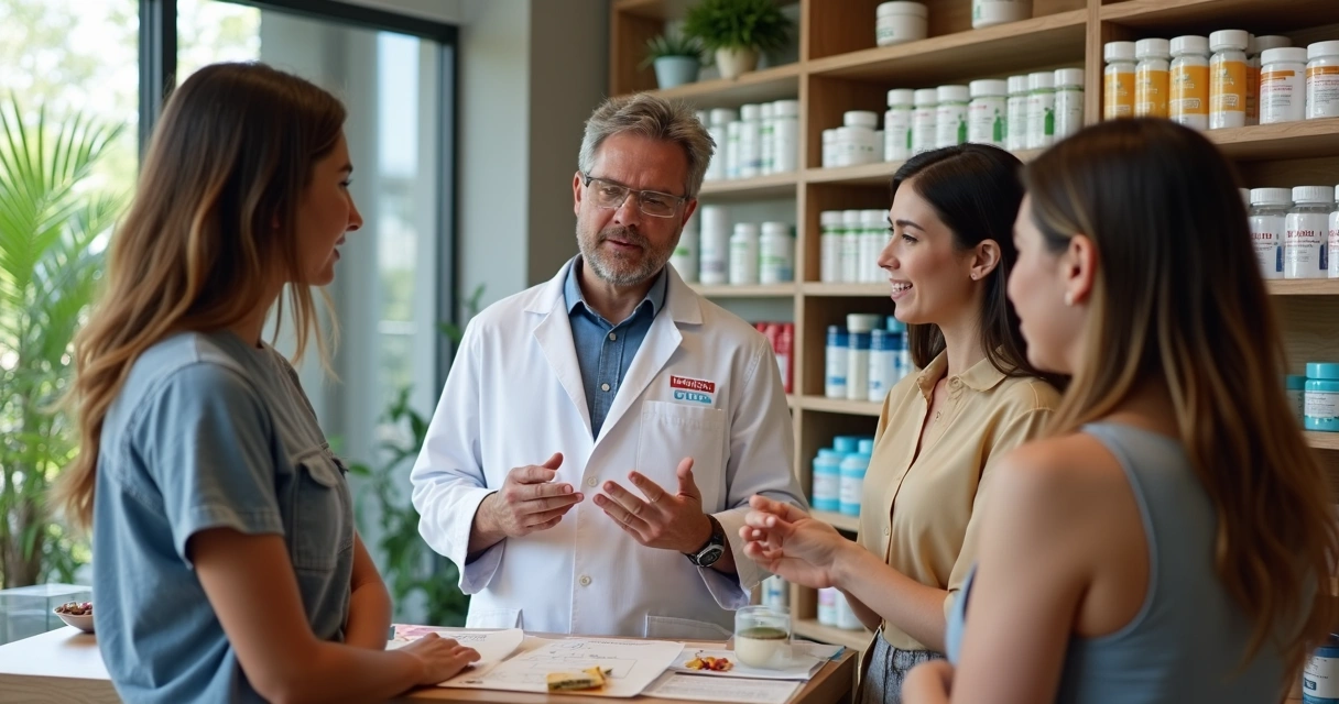 Farmacêutico orientando consumidor sobre suplementos e dermocosméticos, prateleiras de farmácia modernas, público variado presente 