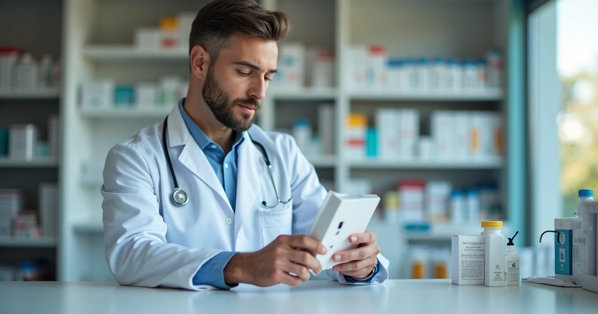 Farmacêutico analisando embalagem de medicamento controlado em balcão de farmácia 