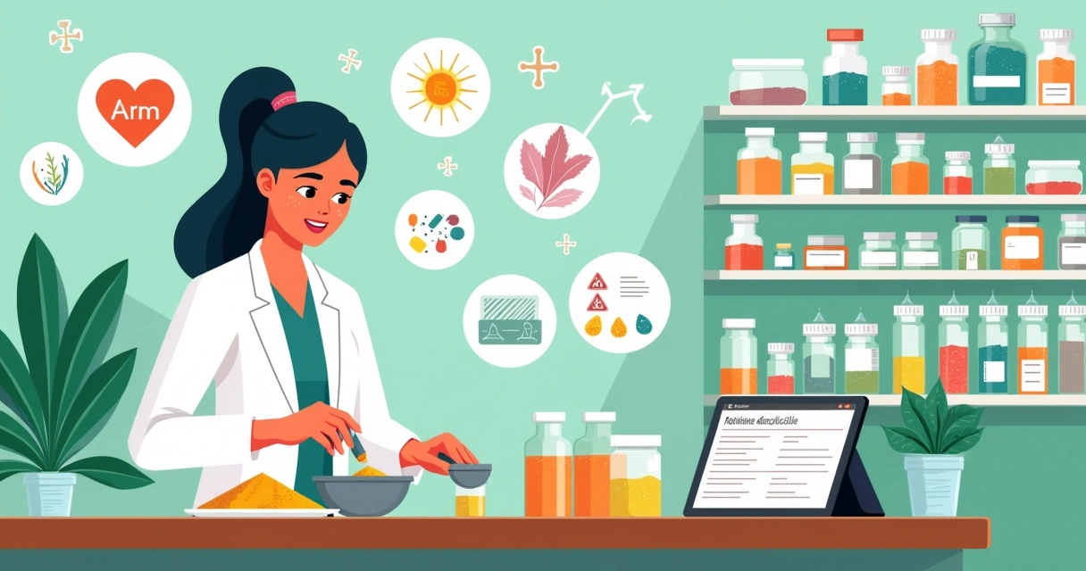 Farmácia de manipulação com farmacêutico medindo líquidos em frascos personalizados e prateleiras de ervas.