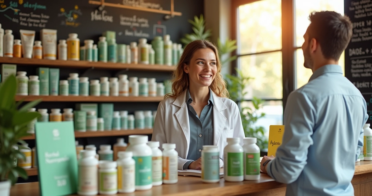 Farmácia de manipulação com frascos coloridos, farmacêutico atendendo um cliente e elementos de bem-estar.