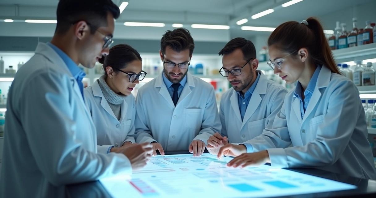 Equipe de farmácia de manipulação colaborando digitalmente 