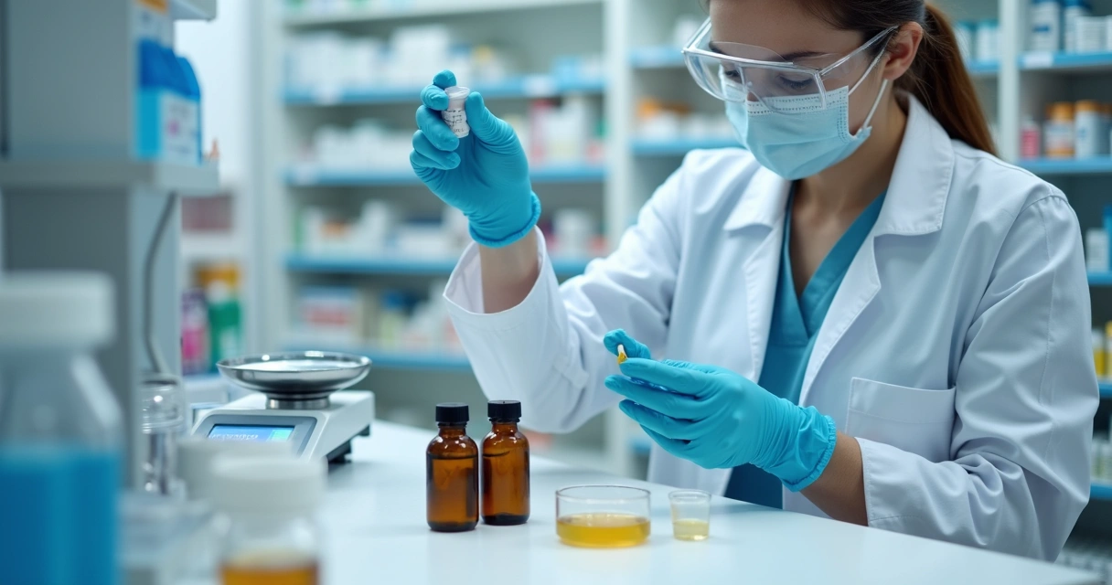 Farmacêutico preparando fórmula oral infantil em laboratório 