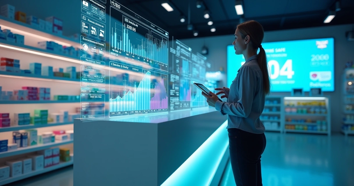 Gestora em farmácia futurista observando hologramas de dados de varejo e estoque 