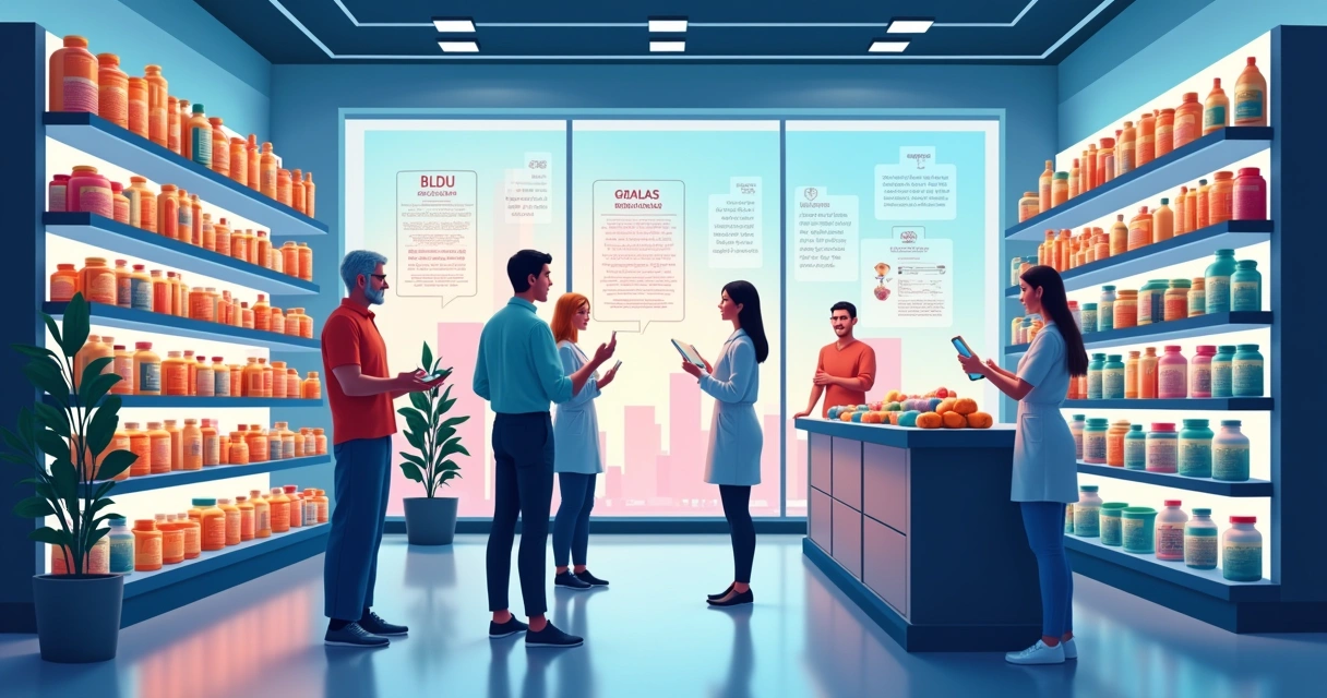 Farmácia futurista com pessoas examinando suplementos e displays holográficos sobre regulamentação.