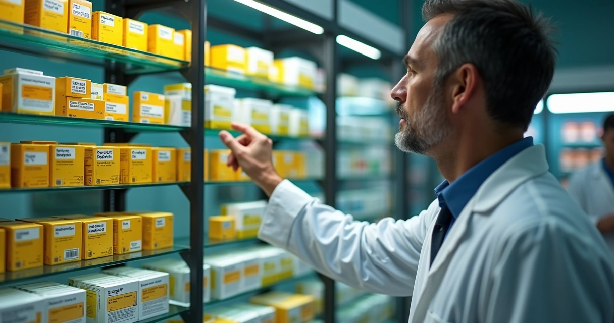 Homem escolhendo medicamento genérico para ereção em farmácia 