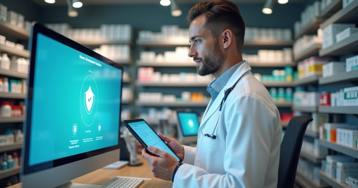 Farmacêutico usando computador e tablet em loja com prateleiras de remédios 