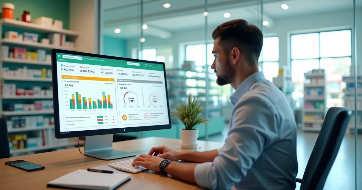 Gestor de farmácia analisando automação de compras no computador 