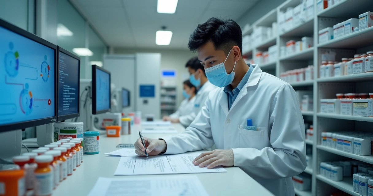 Farmacêutico hospitalar analisa prescrição de medicamento 