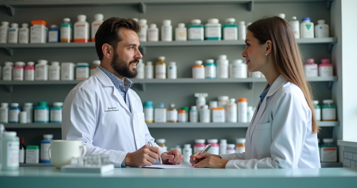 Atendimento em farmácia de manipulação com farmacêutica e cliente 