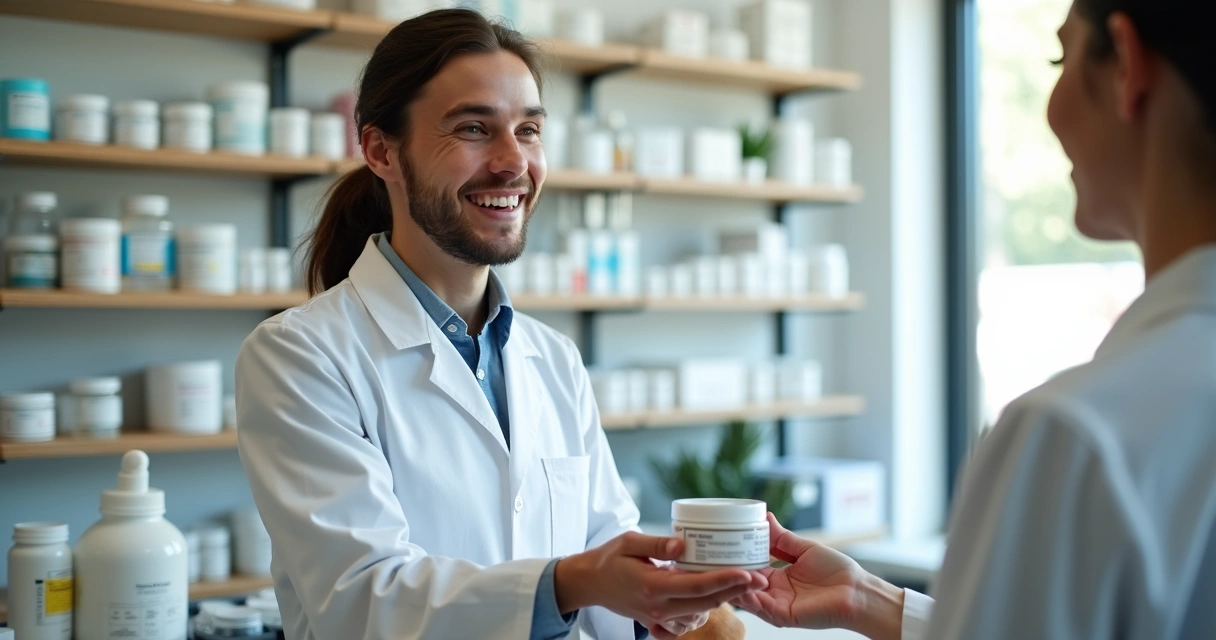 Balcão de farmácia de manipulação atendendo cliente com fórmulas personalizadas 