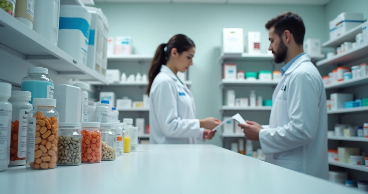 Bancada de farmácia de manipulação com cápsulas e frascos coloridos