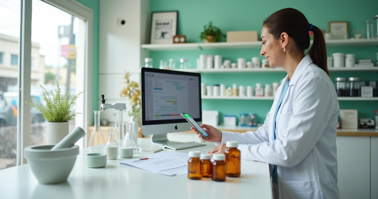 Balcão de farmácia de manipulação moderna em Colombo PR com farmacêutica atendendo cliente 