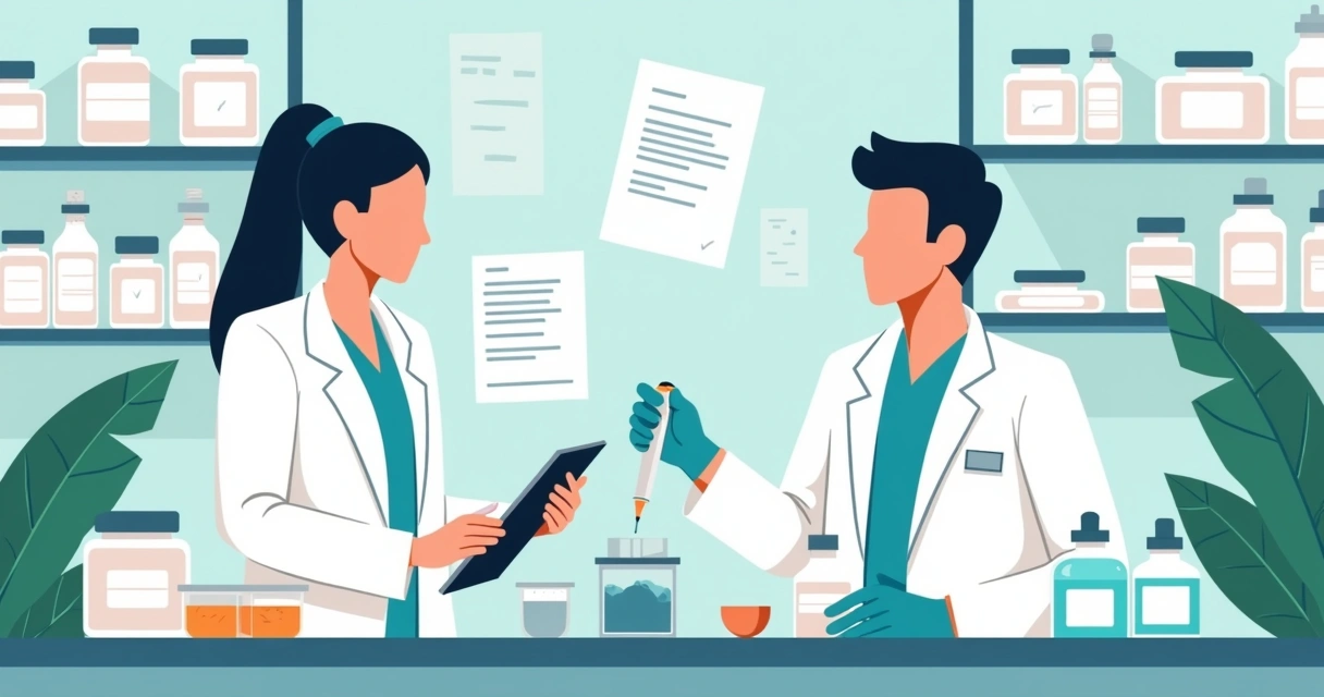 Ilustração corporativa de farmácia de manipulação com medicamentos dermatológicos personalizados sendo preparados e entregues 