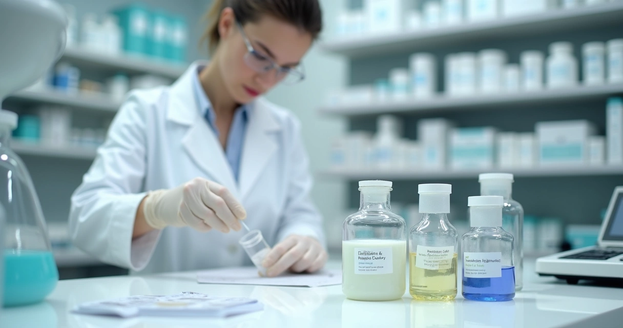 Bancada de farmácia de manipulação com frascos e preparo de dermocosmético 