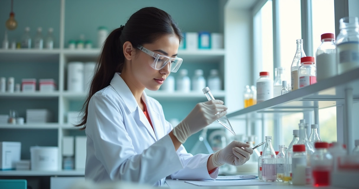 Farmacêutica preparando fórmulas manipuladas em bancada com frascos e equipamentos de laboratório 