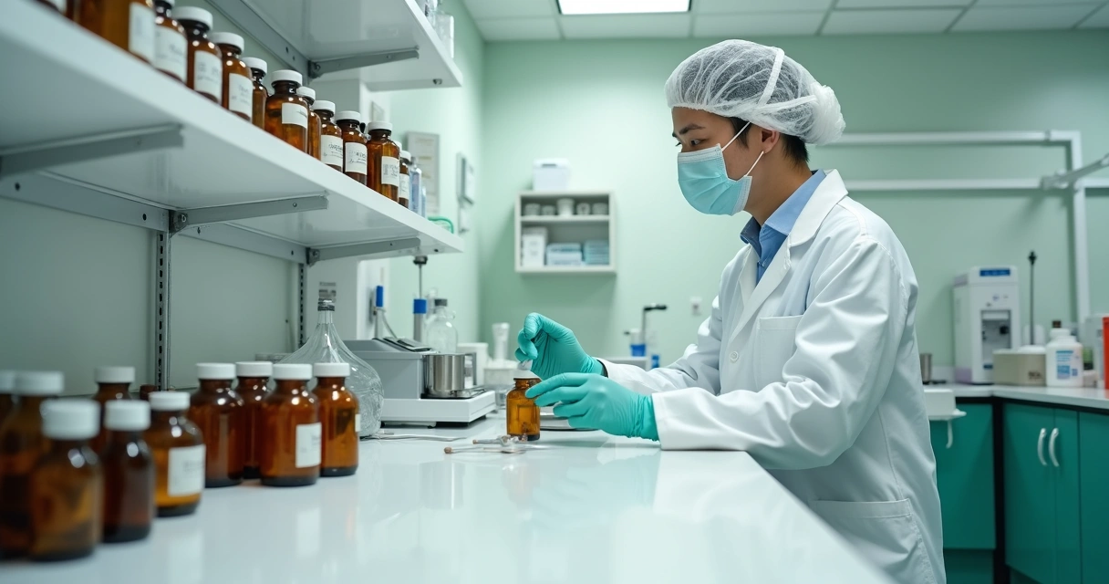 Laboratório de farmácia de manipulação com frascos e bancada organizada 