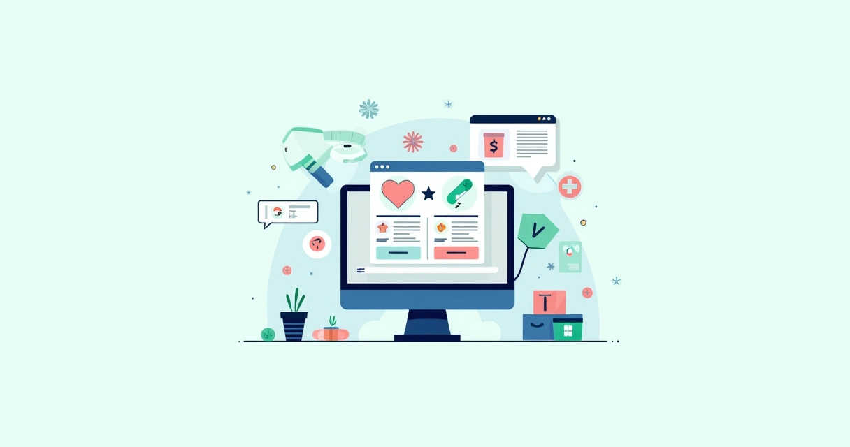 Ilustração de um site de farmácia de manipulação online com produtos, chat de consultoria e segurança de pagamento.