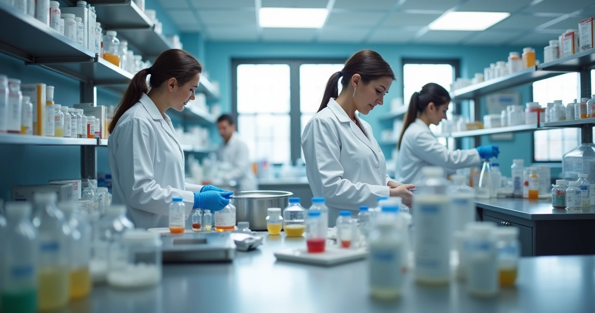 Laboratório de farmácia de manipulação com farmacêuticos preparando fórmulas 