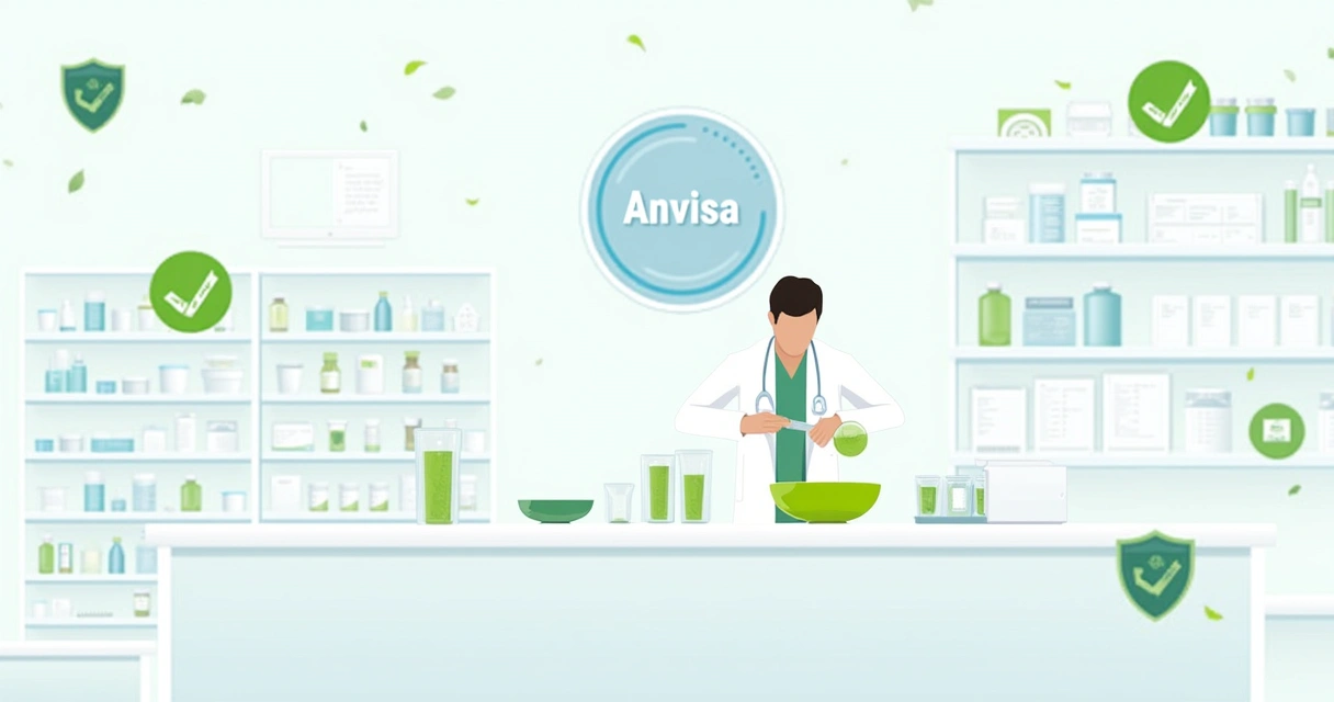 Área de manipulação de farmácia moderna com ingredientes de qualidade, farmacêutico medindo pó e certificação Anvisa.