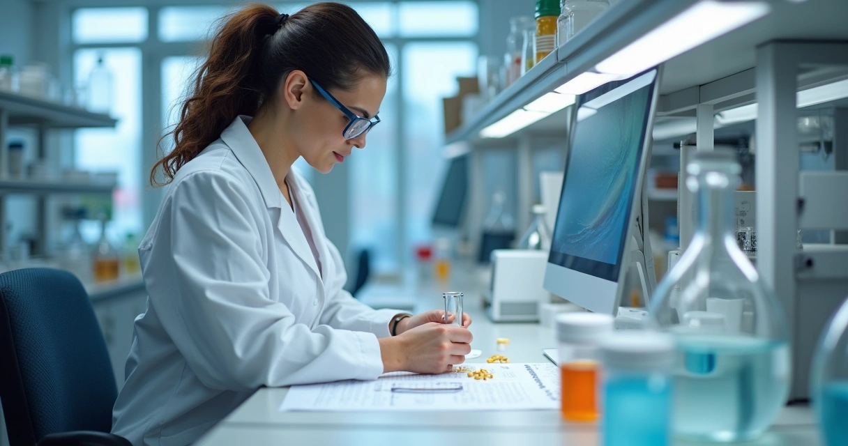 Farmacêutica de jaleco trabalhando em laboratório de manipulação, conferindo fórmulas e cápsulas 