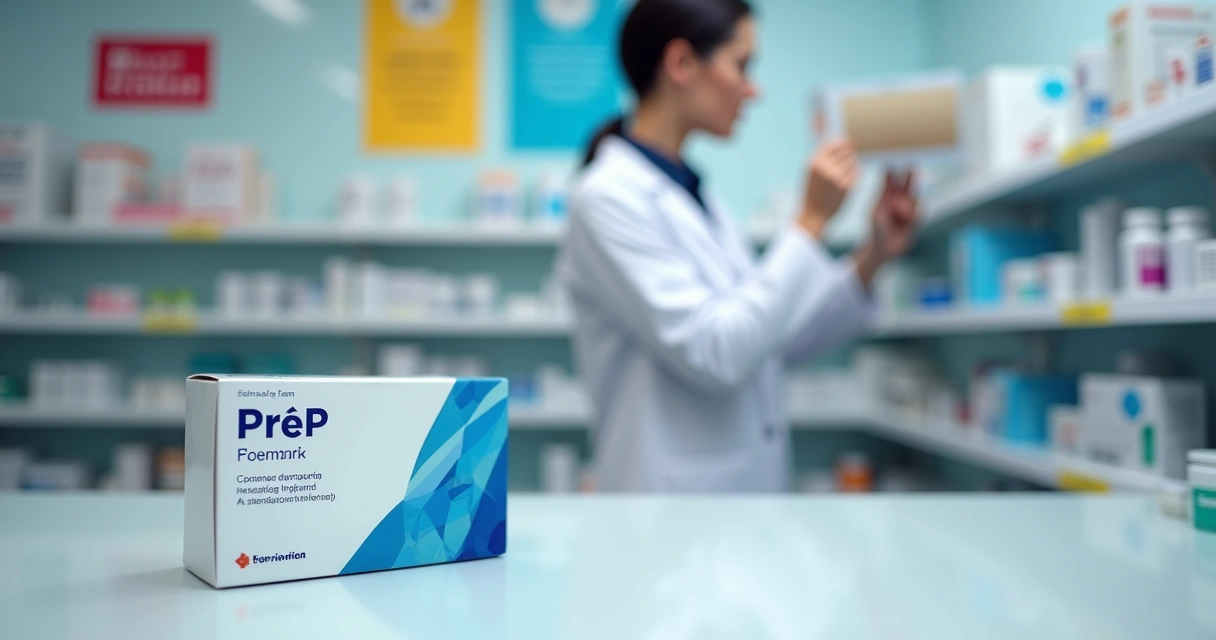 Caixa de medicamento de PrEP sobre balcão de farmácia com cartazes informativos ao fundo.