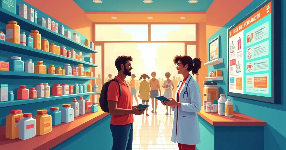 Farmácia movimentada em Belo Horizonte com farmacêutico ajudando cliente e medicamentos especiais expostos.