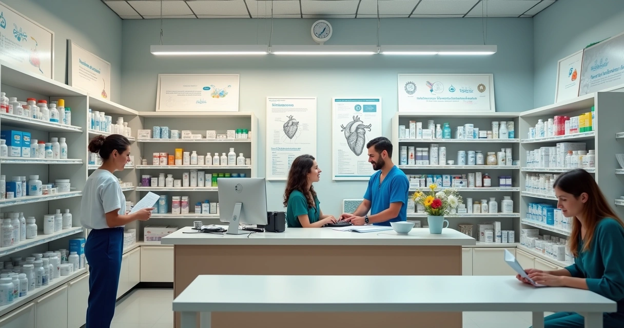 Farmácia moderna em BH com atendente ajudando cliente a encontrar medicamento especial.