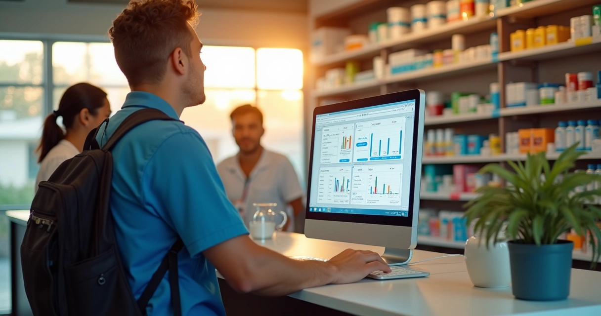 Gestor de farmácia nordestina em frente ao computador, sistema digital aberto, clientes em atendimento no balcão, cores quentes, ambiente organizado, luz natural. 