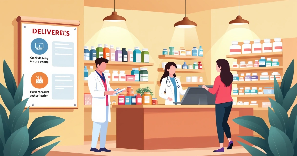 Ilustração de farmácia moderna com opções de entrega e farmacêutico ajudando cliente.